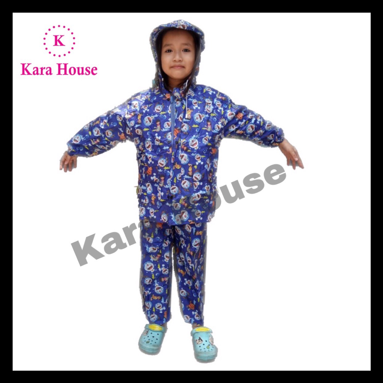 Áo mưa bộ (quần áo) trẻ em 3-5 tuổi Karahouse size số 2 cho bé (Cao 90-110cm), Áo dài 53cm, Rộng 41cm, quần 66cm, Tay áo 28cm, Nón 27cm