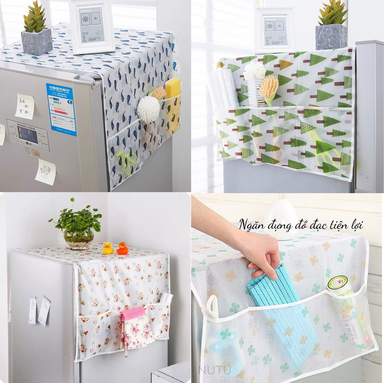 Áo trùm Tấm phủ tủ lạnh, lò xi sóng có túi đựng tiện dụng