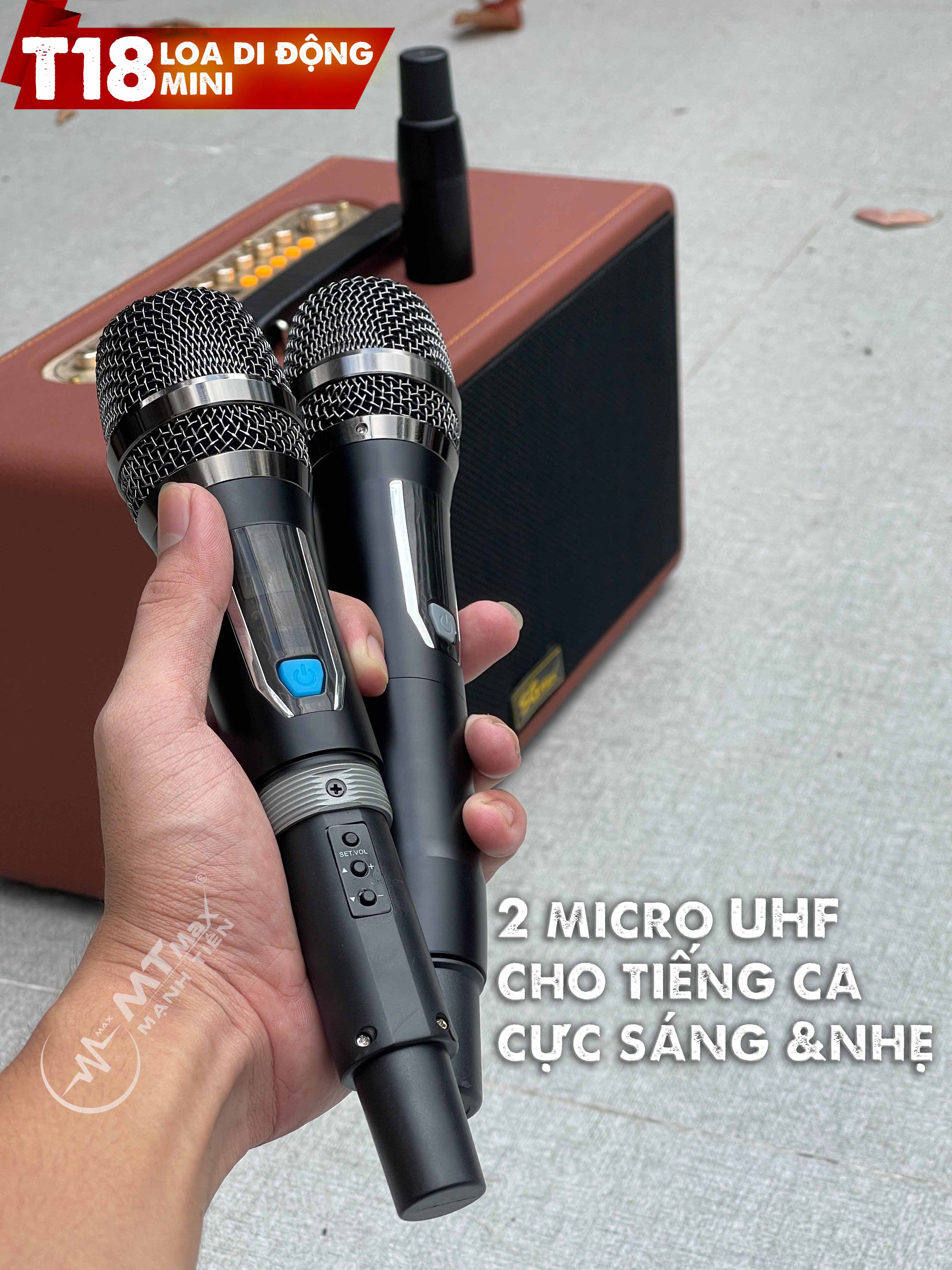 Loa kéo di động T18 mini loa 2 Bass thùng gỗ kèm 2 micro vỏ nhôm UHF siêu hút không dây hát karaoke siêu hay thùng gỗ [BH 6 tháng]