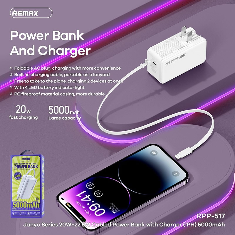 Pin sạc nhanh 20w REMAX RPP-517 5.000mAh dự phòng kèm cáp liền pin, ghim sạc ổ điện [BH: 1 năm]