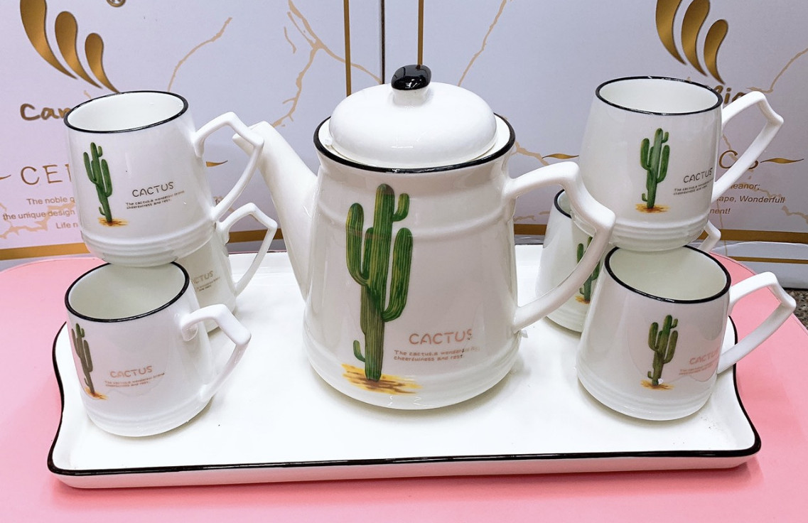 Trọn bộ 1 ấm trà+ 6 ly+ 1 khay sứ CAO CẤP TN205 Tết, decor siêu sang- họa tiết về theo lô [BH: NONE]