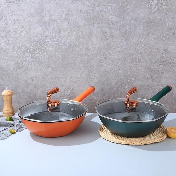 Chảo đá ĐA GIÁC chống dính sâu lòng size 33cm  có nắp kính tiện lợi [BH: NONE]