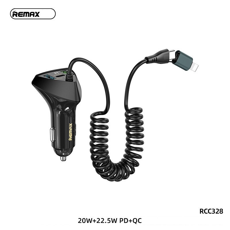 Cóc sạc nhanh xe hơi 22.5W Remax RCC328 (2 cổng usb, 1 cổng type c) PD+QC 20W tẩu sạc tích hợp cáp xoắn đa năng type c vs iphone lightning siêu đẹp chính hãng [BH 1 năm]