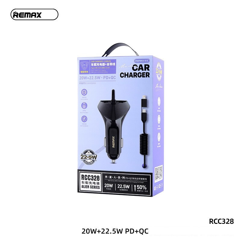 Cóc sạc nhanh xe hơi 22.5W Remax RCC328 (2 cổng usb, 1 cổng type c) PD+QC 20W tẩu sạc tích hợp cáp xoắn đa năng type c vs iphone lightning siêu đẹp chính hãng [BH 1 năm]