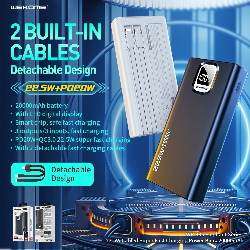 Pin sạc nhanh 22.5w Wekome WP-335 20.000mAh kèm cáp liền pin dự phòng chính hãng QC3.0+PD 22.5W [BH 1 năm]