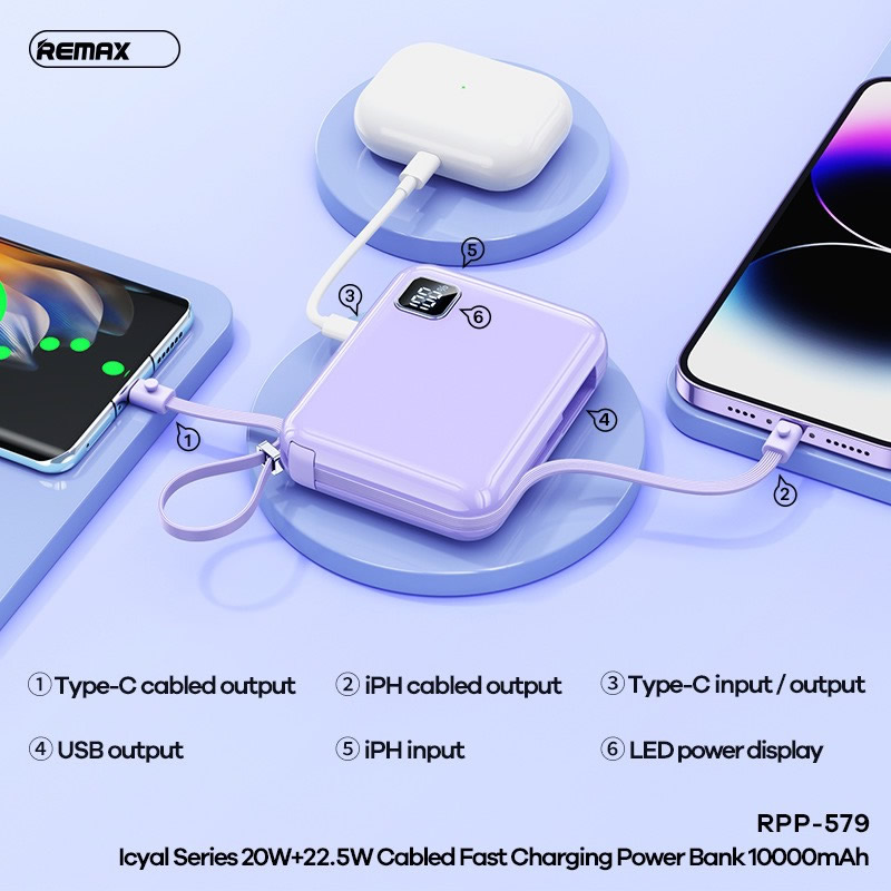 Pin sạc nhanh 22.5w REMAX RPP-579 10.000mAh dự phòng PD QC3.0 kèm cáp liền pin chính hãng [BH 1 năm]