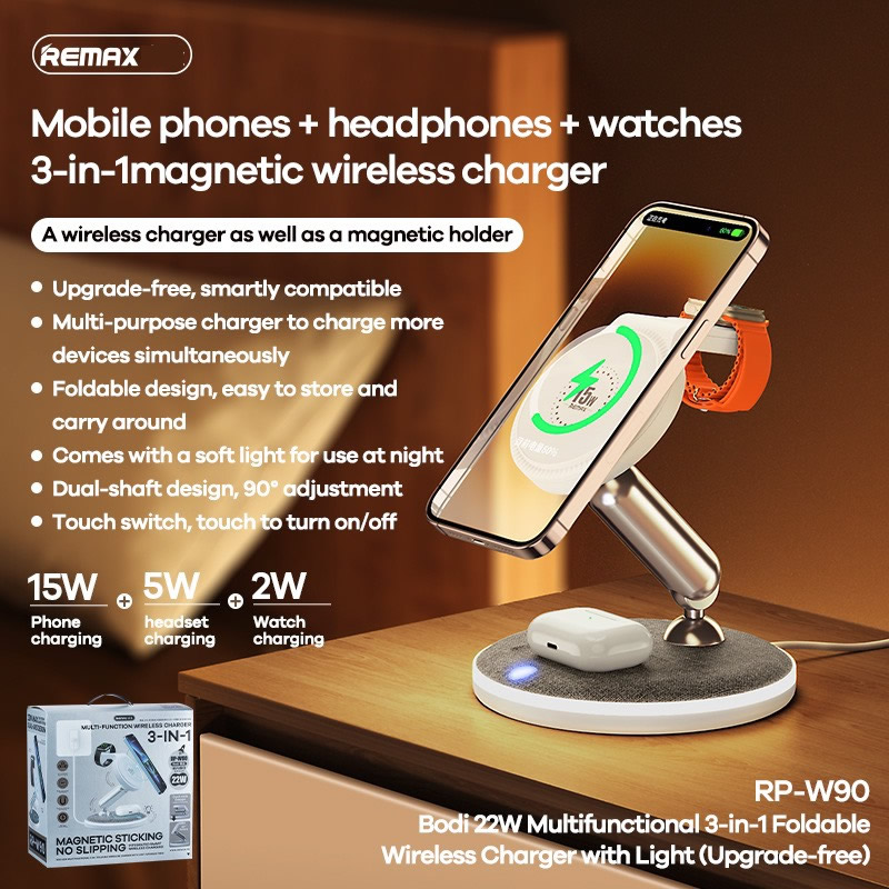 Bộ sạc nhanh 22W Remax RP-W90 đa năng 3 in 1 - Đế sạc không dây sạc Fast Qi Magsafes Magnetic cho apple watch, airpods, điện thoại iphone 11 12 13 14 chính hãng [BH: 1 năm]