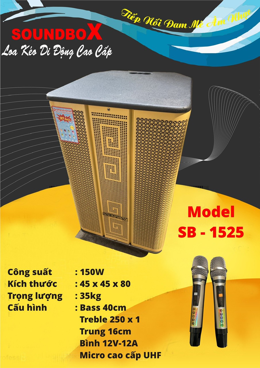 Loa kéo Soundbox SB-1525 4 tấc bluetooth 150w kèm 2 micro không dây hát karaoke [BH 1 năm]