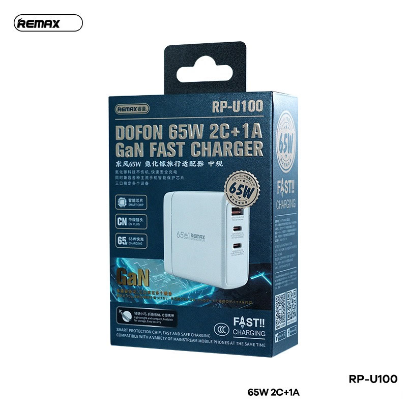 Cóc sạc nhanh 65W Remax RP-U100 GaN 3 Cổng (2 cổng Type C PD65W+ 1 Cổng USB QC3.0) Chính hãng [BH: 1 NĂM]