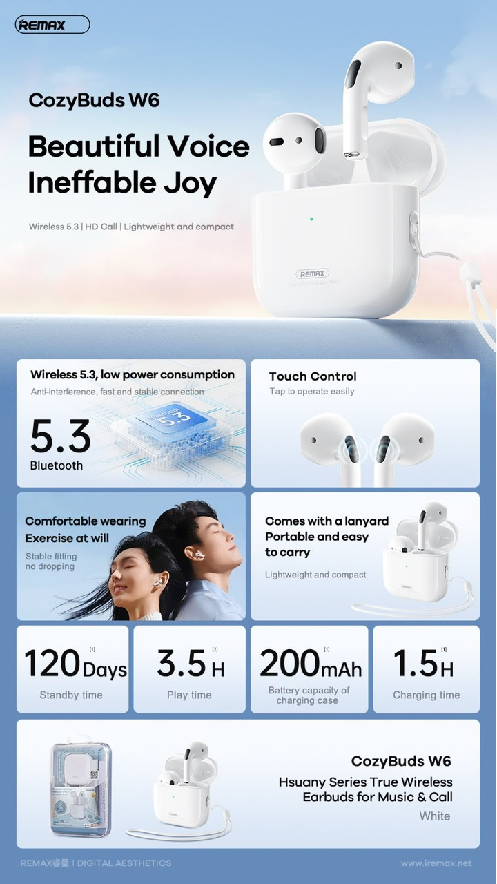 Tai nghe bluetooth Remax Cozybuds W6 kiểu dáng airpods True Wireless chính hãng [BH 1 Năm]