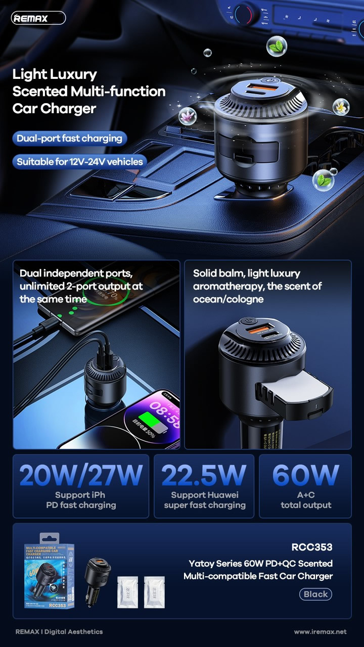 Cóc sạc nhanh xe hơi 60w khuếch tán nước hoa REMAX RCC353 (1 cổng USB A PD vs 1 cổng Type C QC) cho ô tô chính hãng [BH 1 năm] / pktn sale