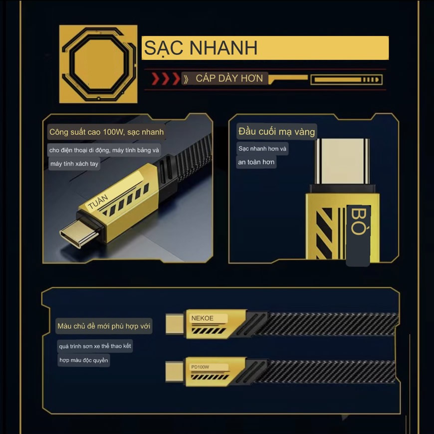Cáp sạc nhanh 65w đa năng Wekome WDC-189 2 in 1 (1 đầu C ra 2 đầu L vs C) (Type C ra iPhone Lightning vs Type-C - như 2 đầu type c) màu vàng Bumblebee vs đen Megatron chính hãng [BH 1 năm]