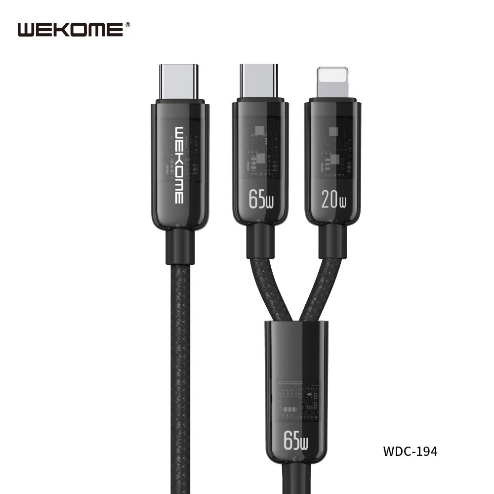 Cáp sạc nhanh 65w đa năng Wekome WDC-194 2 in 1 (1 đầu C ra 2 đầu L vs C) (Type C ra iPhone Lightning vs Type-C - như 2 đầu type c) chính hãng [BH 1 năm]