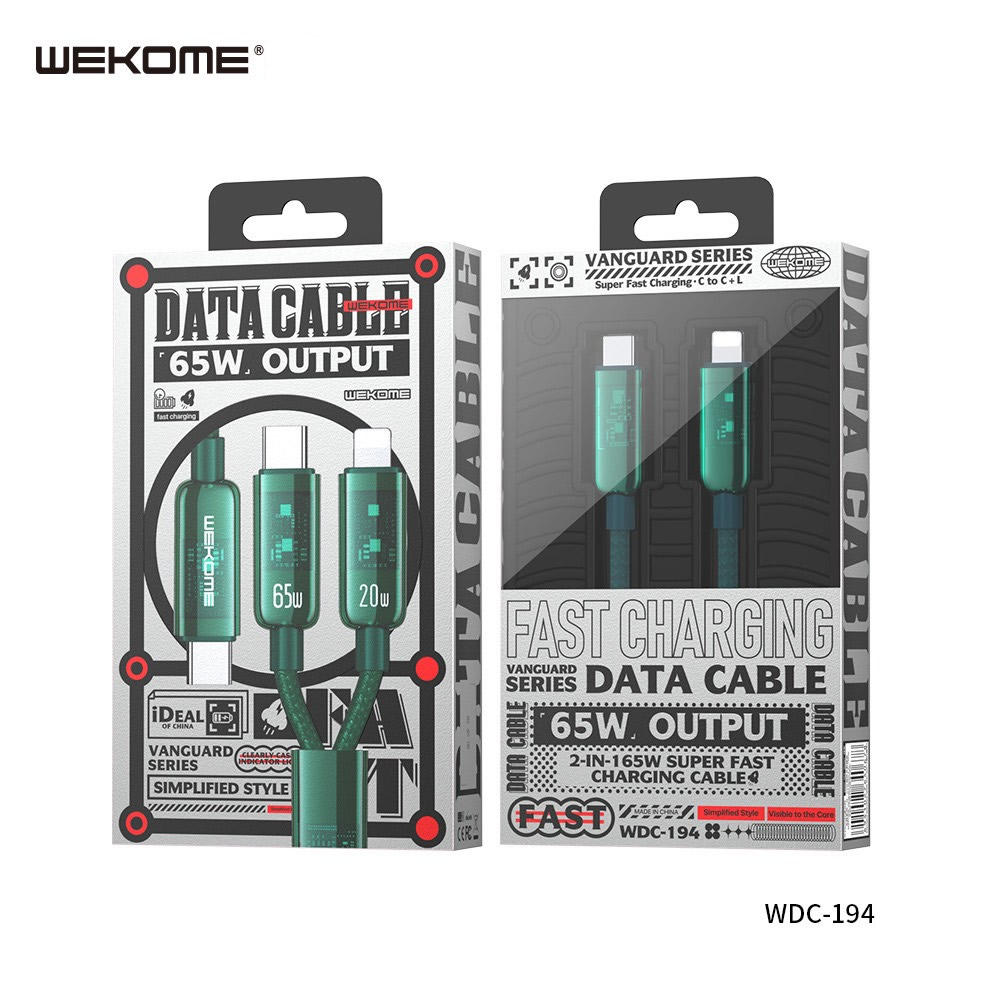 Cáp sạc nhanh 65w đa năng Wekome WDC-194 2 in 1 (1 đầu C ra 2 đầu L vs C) (Type C ra iPhone Lightning vs Type-C - như 2 đầu type c) chính hãng [BH 1 năm]