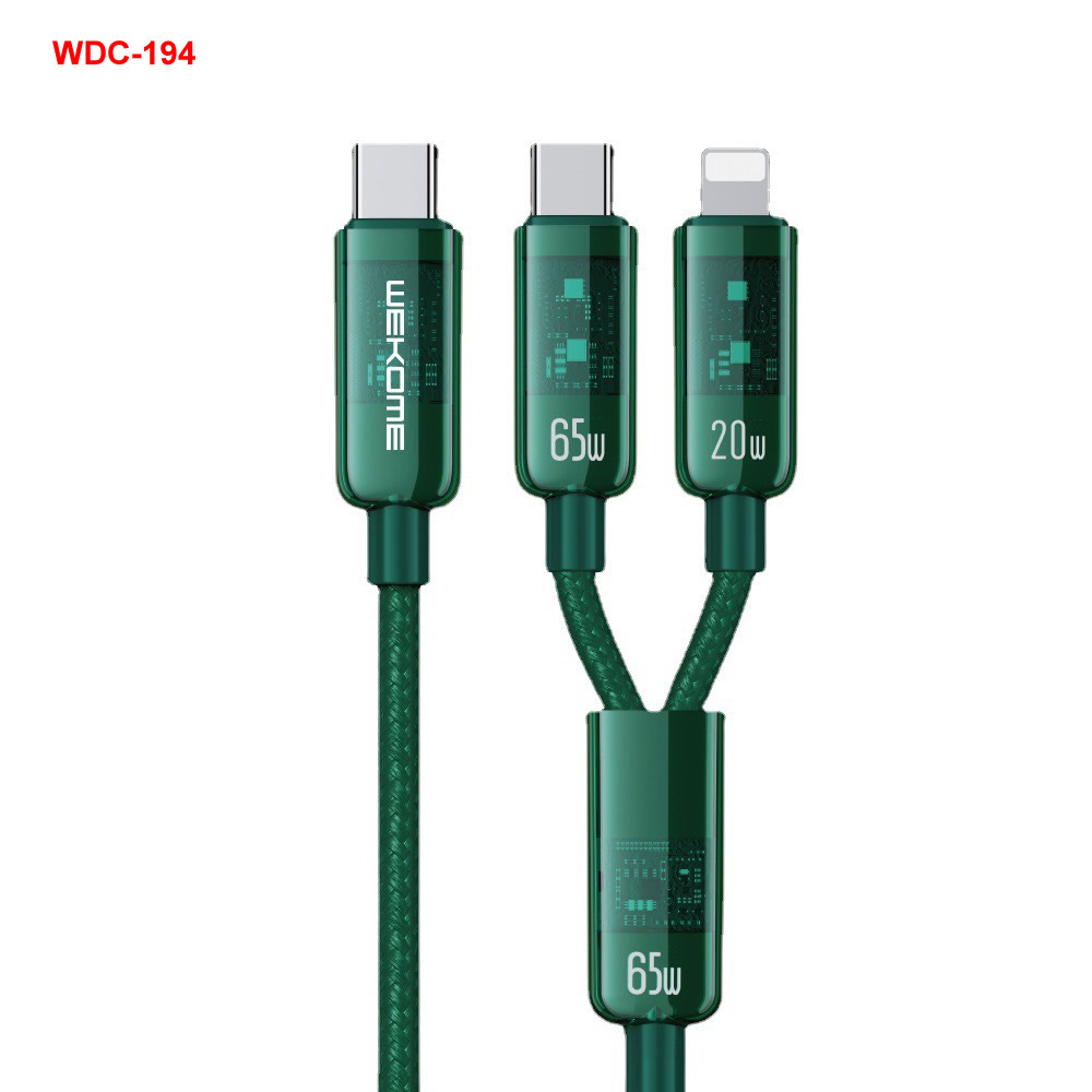Cáp sạc nhanh 65w đa năng Wekome WDC-194 2 in 1 (1 đầu C ra 2 đầu L vs C) (Type C ra iPhone Lightning vs Type-C - như 2 đầu type c) chính hãng [BH 1 năm]