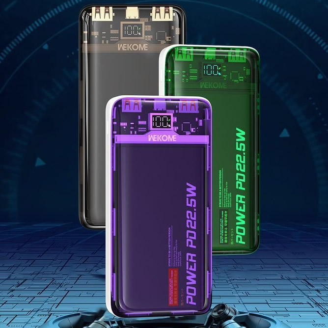 Pin sạc nhanh 22.5w Wekome WP-353 10.000mAh trong suốt lộ mạch dự phòng QC3.0+PD 22.5W chính hãng [BH 1 năm]