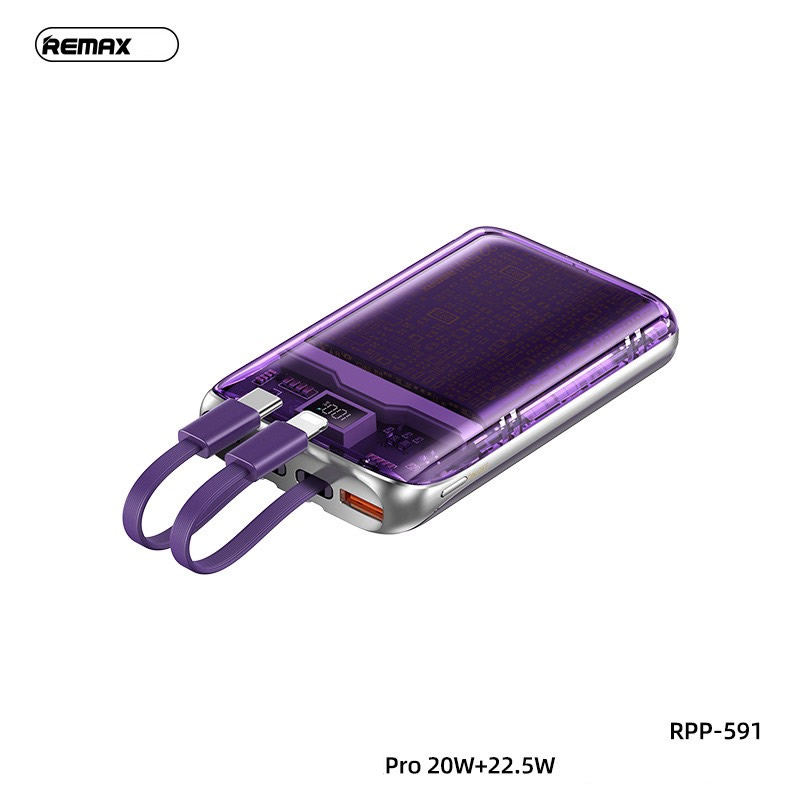 Pin sạc nhanh 22.5w REMAX RPP-591 10.000mAh dự phòng kèm cáp liền pin, trong suốt lộ mạch chính hãng - BH 1 năm