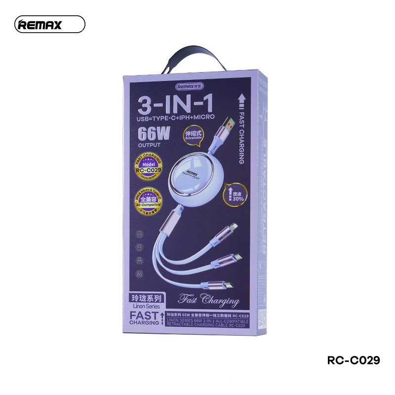 Cáp sạc nhanh 66w 3 đầu REMAX RC-C029 dây rút chính hãng [ BH 1 năm]
