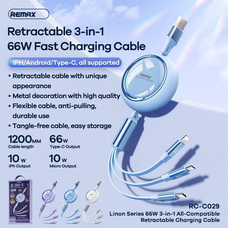 Cáp sạc nhanh 66w 3 đầu REMAX RC-C029 dây rút chính hãng [ BH 1 năm]