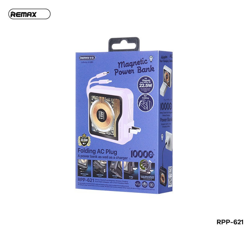 Pin sạc nhanh 22.5w không dây REMAX RPP-621 10.000mAh QC3.0+PD 22.5W kèm cáp liền pin (sạc ổ điện) chính hãng [BH 1 năm]