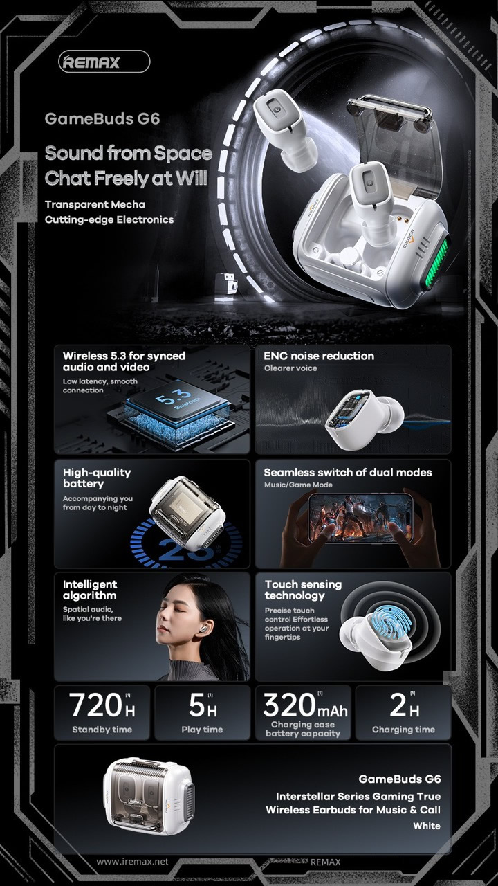 Tai nghe bluetooth Remax GameBuds G6 V5.3 kiểu dáng airpods chính hãng [BH 1 năm]