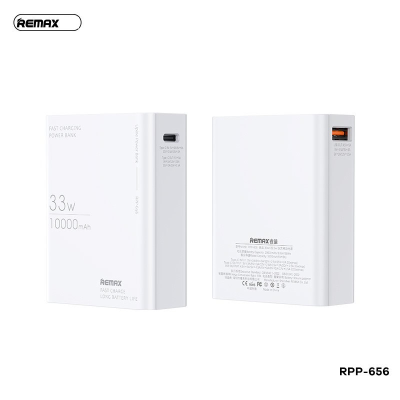 Pin sạc nhanh 33w REMAX RPP-656 10.000mAh dự phòng PD 22.5w vs QC3.0 chính hãng [BH 1 năm]