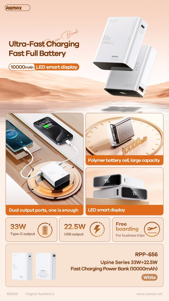 Pin sạc nhanh 33w REMAX RPP-656 10.000mAh dự phòng PD 22.5w vs QC3.0 chính hãng [BH 1 năm]