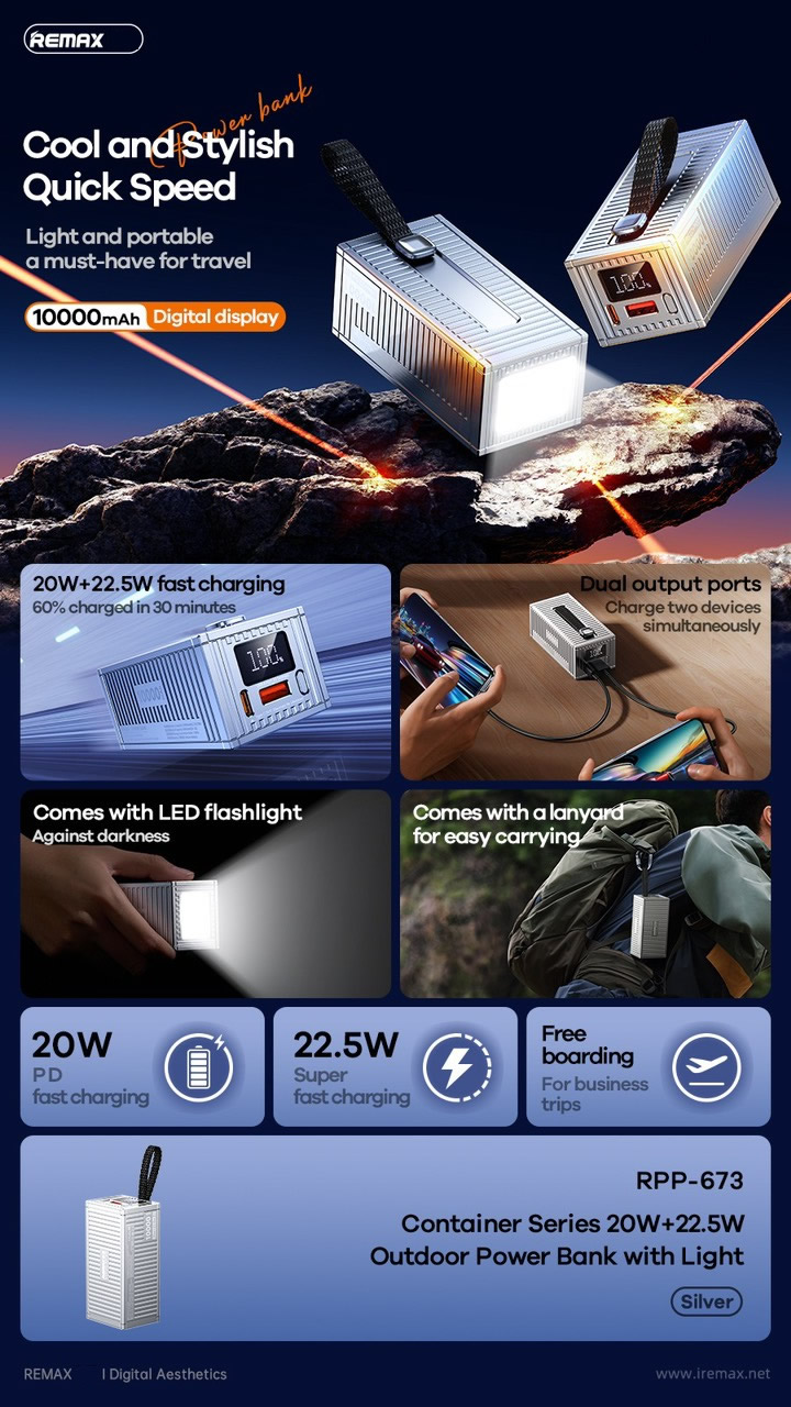 Pin sạc nhanh 22.5w Remax RPP-673 10.000mAh Container dự phòng có màn hình led, đèn pin QC3.0+PD20W chính hãng [BH: 1 năm]