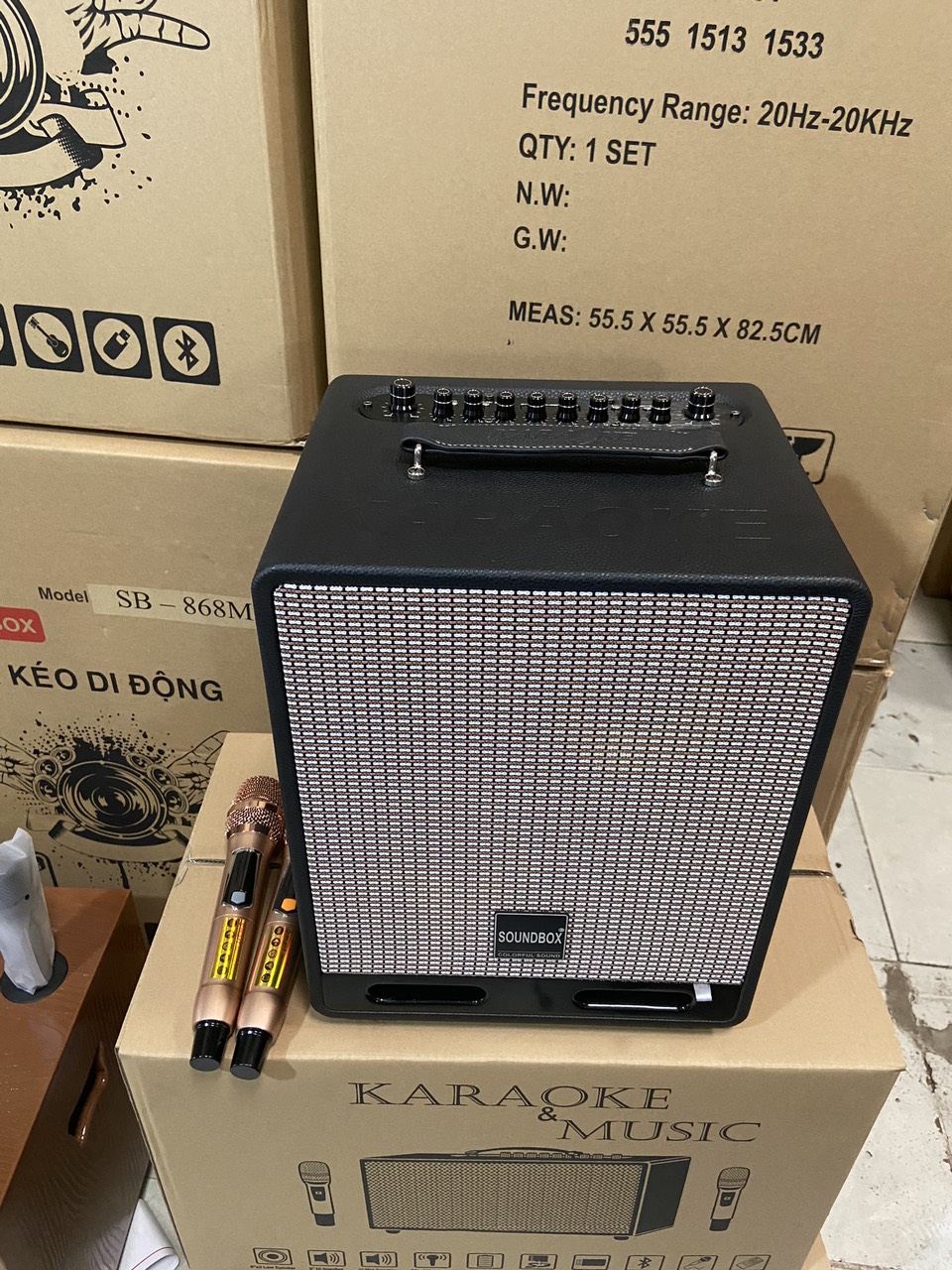 Loa kéo SoundBox SB-266D 300w 2 bass gỗ bọc da cao cấp kèm 2 micro không dây hát karaoke [BH 1 năm]