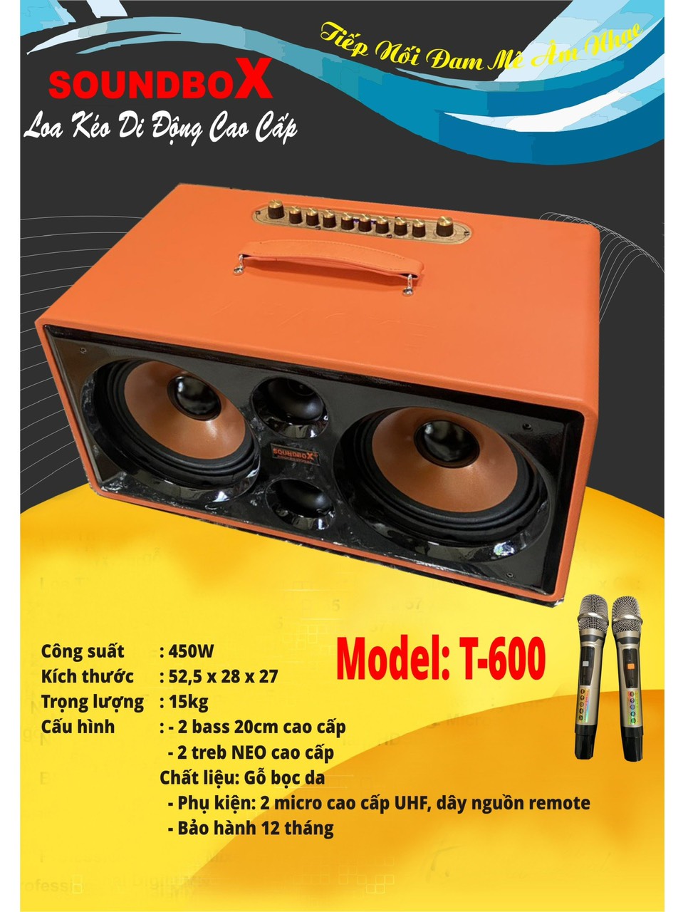 Loa kéo SoundBox T-600 450w 2 bass 20cm gỗ bọc da cao cấp kèm 2 micro UHF không dây hát karaoke T600 [BH 1 năm]