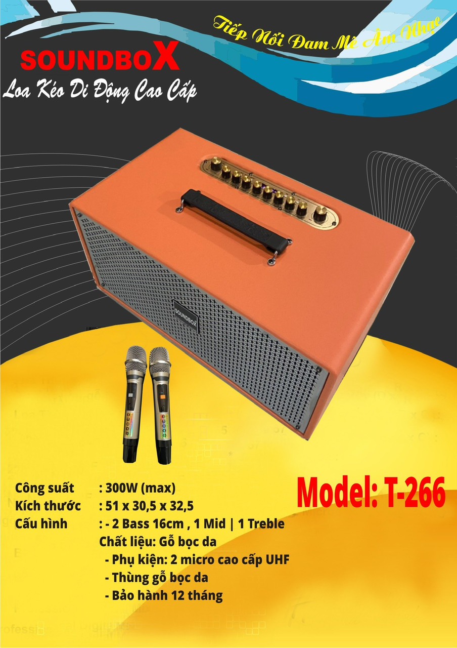 Loa kéo Soundbox T-266 di động karaoke siêu hay bluetooth kèm 2 micro không dây (T266) [BH 1 năm]
