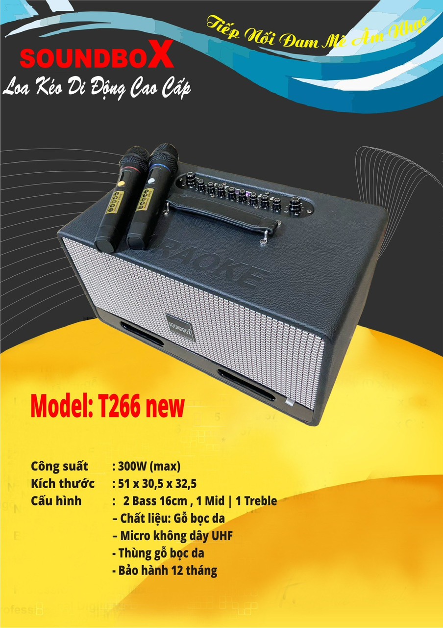 Loa kéo Soundbox T266 NEW 2 bass 16, 1 trebl 1 trung di động karaoke siêu hay bluetooth kèm 2 micro không dây [BH 1 năm]
