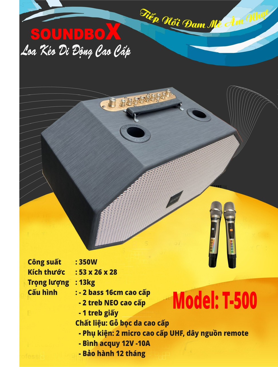 Loa kéo SoundBox T-500 350w 2 bass 16cm gỗ bọc da cao cấp kèm 2 micro UHF không dây hát karaoke T500 [BH 1 năm]