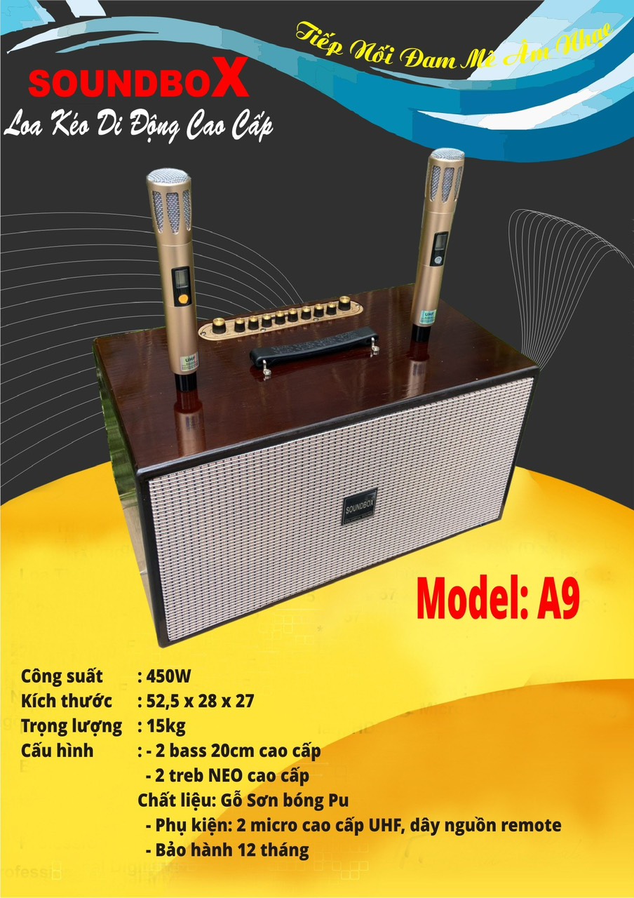 Loa kéo SoundBox A9 450w 2 bass 20cm gỗ sơn bóng PU cao cấp kèm 2 micro UHF không dây hát karaoke [BH 1 năm]