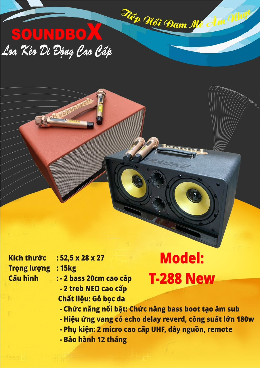 Loa kéo Soundbox T-288 NEW 2 bass 20cm, gỗ bọc da di động karaoke siêu hay bluetooth kèm 2 micro không dây UHF T288 [BH 1 năm]