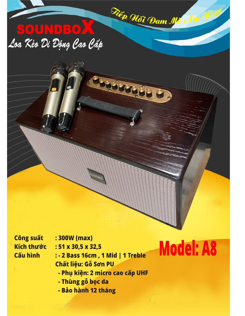 Loa kéo Soundbox SB-A8 300w 2 bass 16cm, gỗ sơn PU di động karaoke siêu hay bluetooth kèm 2 micro không dây UHF [BH 1 năm]