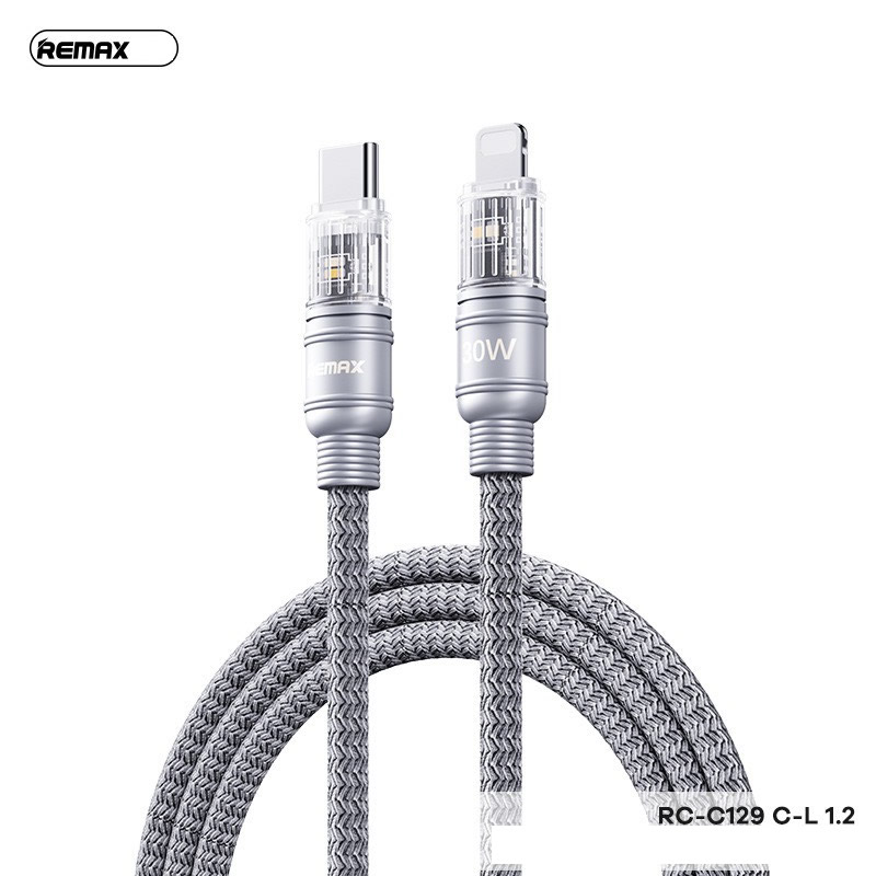 Cáp sạc nhanh 30w REMAX RC-C129 (c-l 1.2m) type c ra iphone lightning có đèn led báo sạc chính hãng [BH 1 năm]