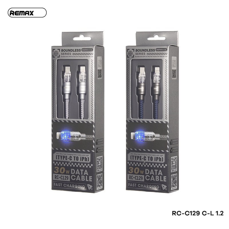Cáp sạc nhanh 30w REMAX RC-C129 (c-l 1.2m) type c ra iphone lightning có đèn led báo sạc chính hãng [BH 1 năm]