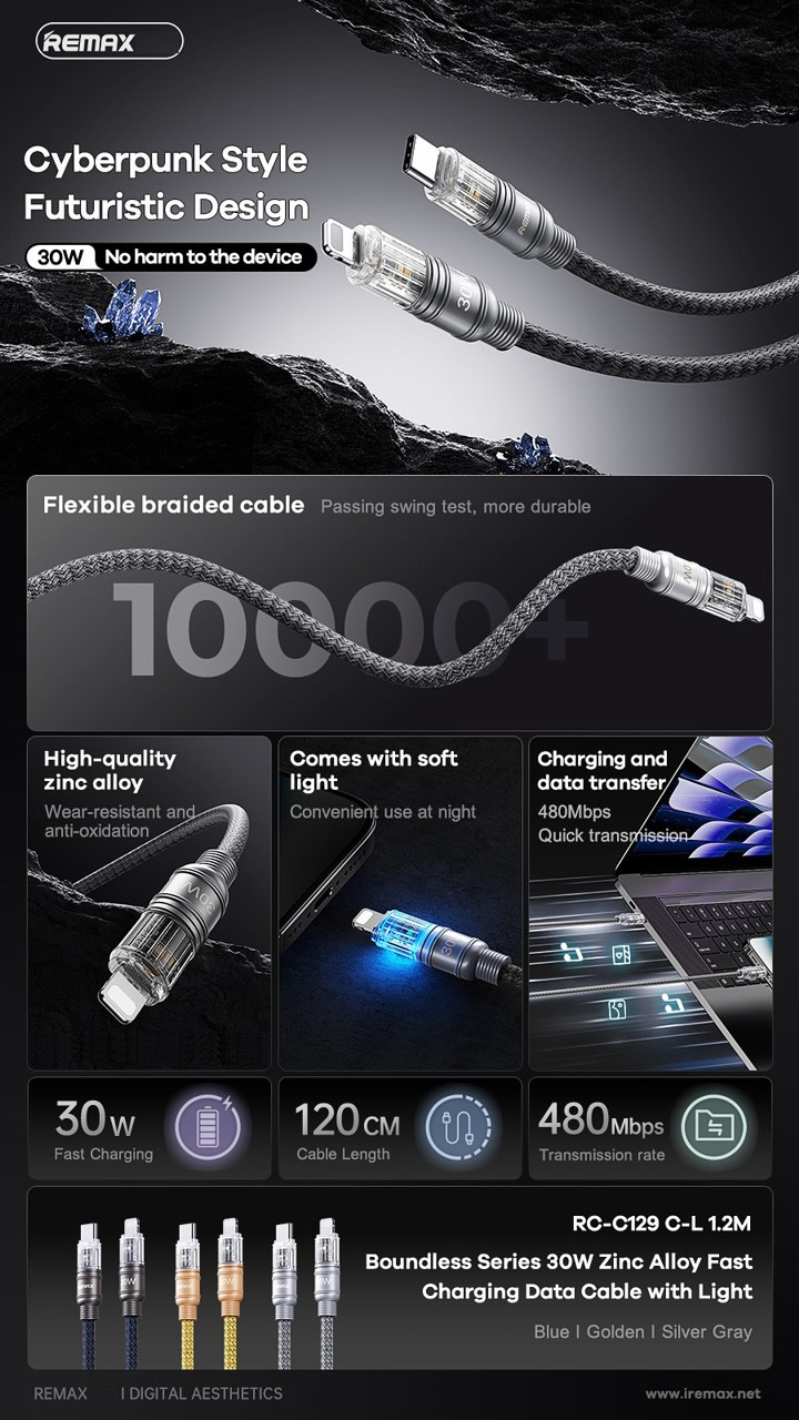 Cáp sạc nhanh 30w REMAX RC-C129 (c-l 1.2m) type c ra iphone lightning có đèn led báo sạc chính hãng [BH 1 năm]