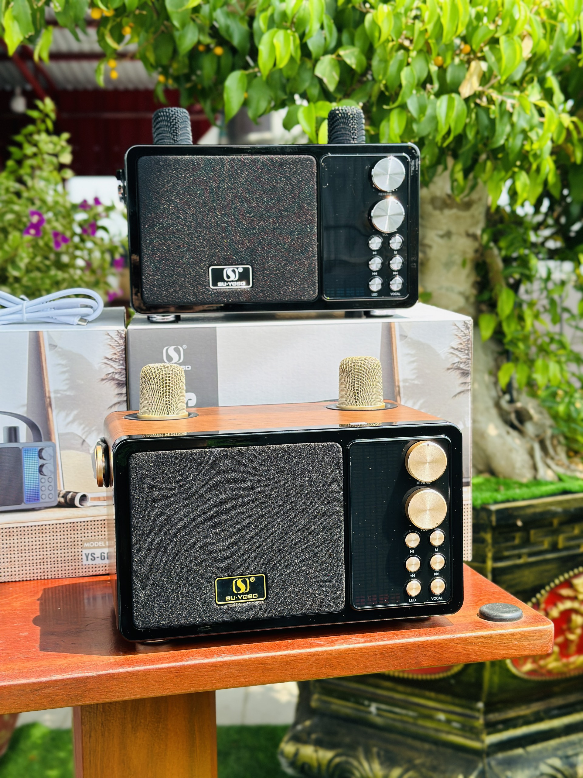 Loa bluetooth karaoke YOSD YS-603 kèm 2 micro không dây siêu đẹp cực hay xách tay chính hãng [BH 6 tháng]