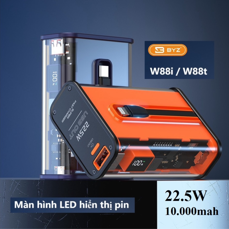 Pin sạc nhanh 22.5W BYZ W88i, 10.000mAh (kèm cáp Lightning iPhone), có màn hình hiển thị % pin nhỏ gọn [BH: 6 tháng]