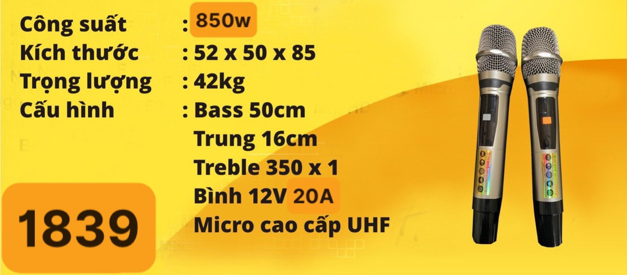 Loa Kéo Di Động Soundbox SB-1839 công suất 850w kèm 2 micro cao cấp UHF chính hãng [BH 1 năm]