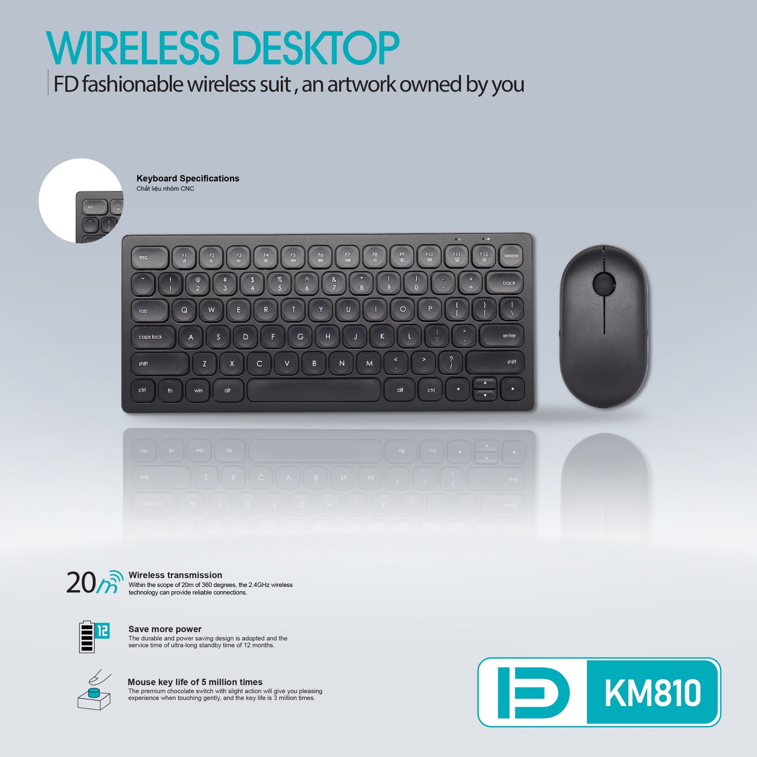 Combo bàn phím chuột không dây FD mini KM810 chính hãng [BH 1 năm]