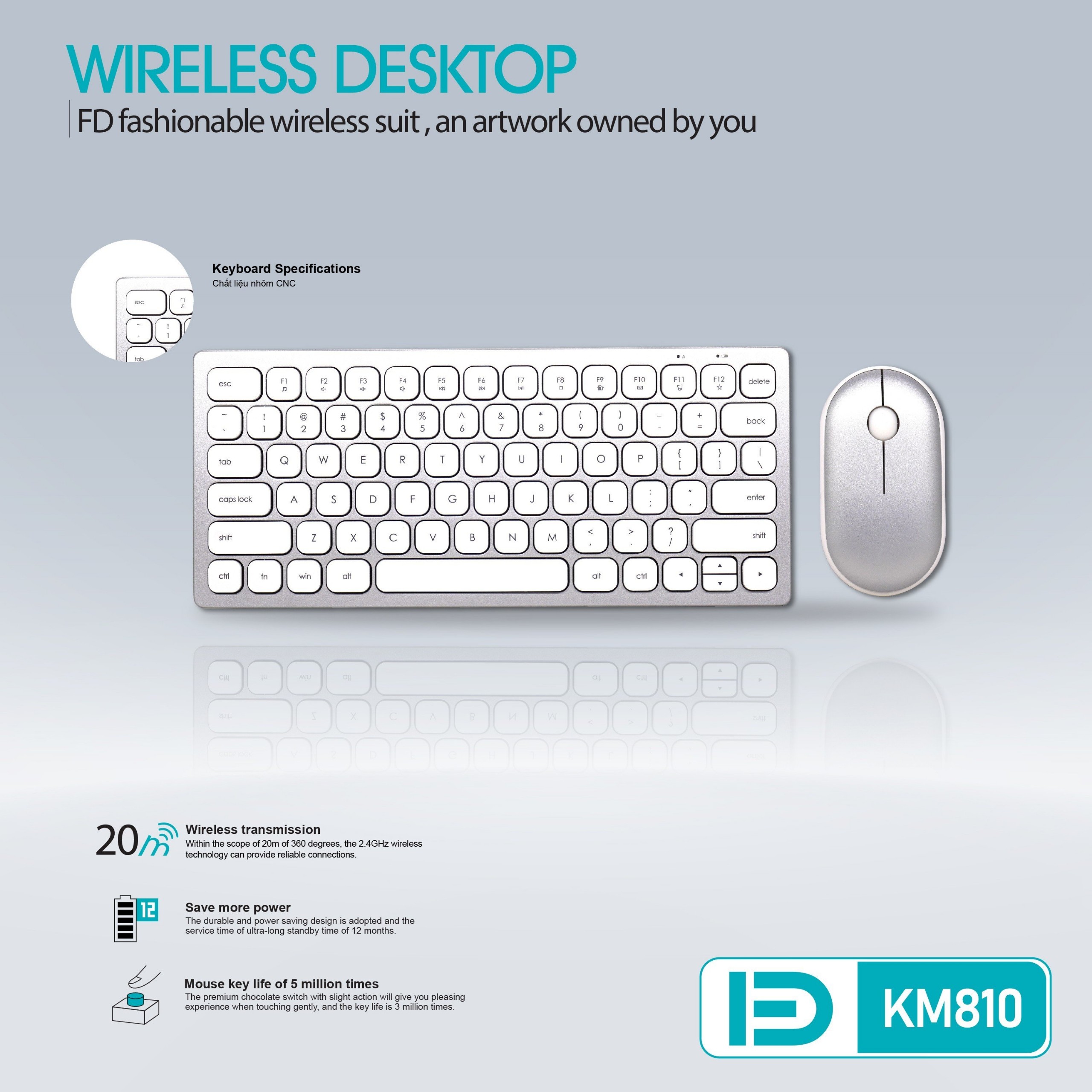 Combo bàn phím chuột không dây FD mini KM810 chính hãng [BH 1 năm]