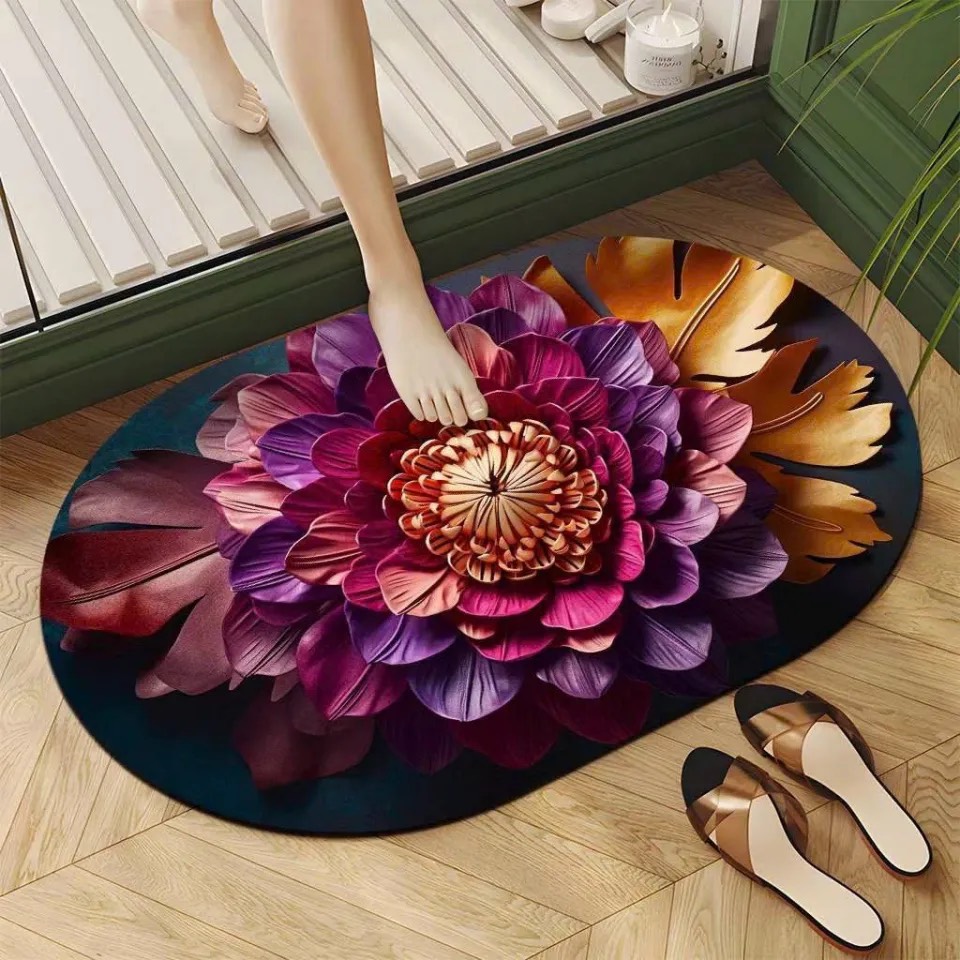Thảm lau chân 5D OVAL hoạt tiết hình hoa lá, để chùi chân, decor, trang trí nhà cửa - mẫu về ngẫu nhiên [BH: NONE]