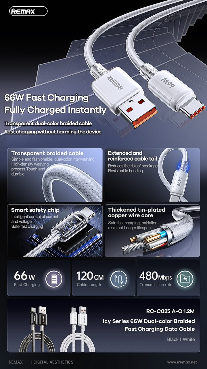 Cáp sạc nhanh 66w REMAX RC-C025 (Usb ra Type-C) chính hãng [BH 1 năm]