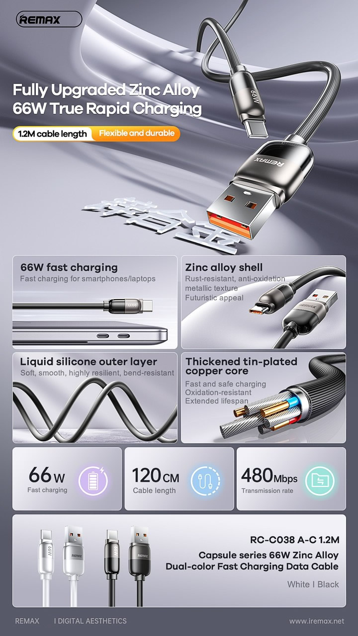 Cáp sạc nhanh 66w REMAX RC-C038 (Usb ra Type-C 1.2m) chính hãng [BH 1 năm]