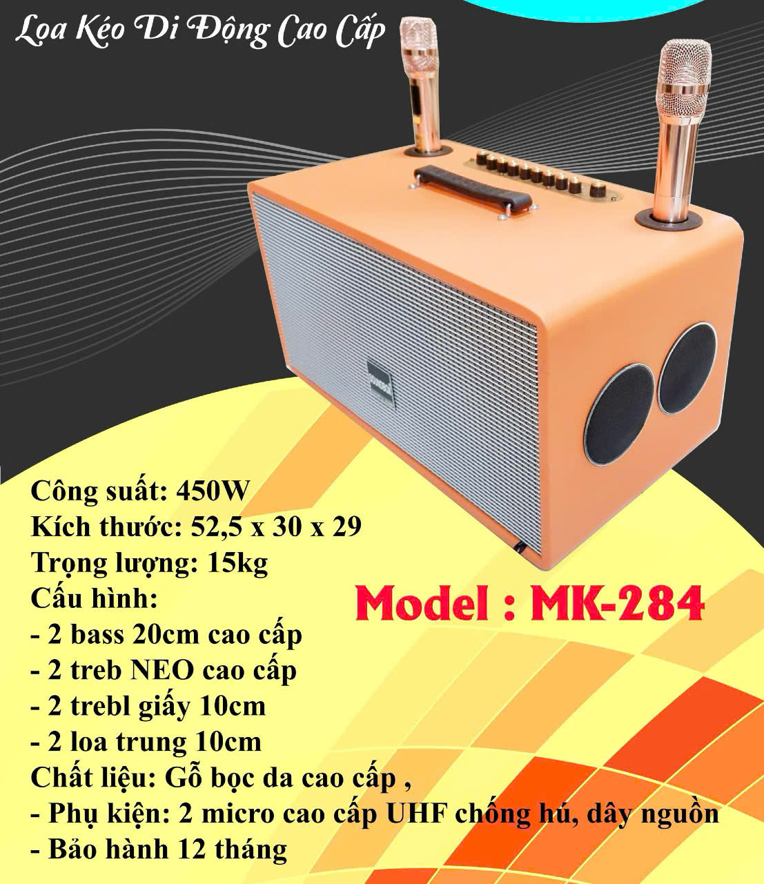 Loa bluetooth Karaoke xách tay SoundBox MK-284 8 củ loa bọc giả da siêu đẹp kèm 2 mic UHF chống hú
