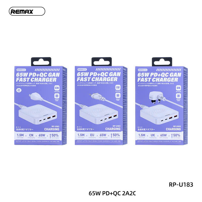 Cóc sạc nhanh 65W Remax RPP-U183 EU ( 2 Cổng Type C, 2 cổng USB) dây dài 1.5m [BH: 1 NĂM]