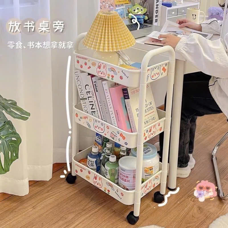 Kệ 3 tầng Sticker Strawberry Bear có bánh xe đa năng đựng sách, đồ ăn vặt, thực phẩm [BH: NONE]